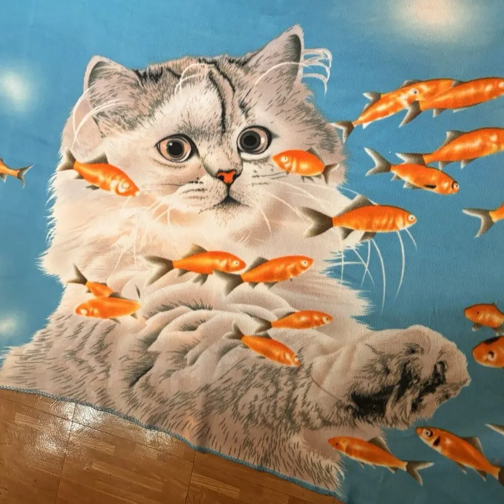 Cat Kitten Goldfish Fleece Throw Blanket Blue Koi Fish Soft Plush 45x70